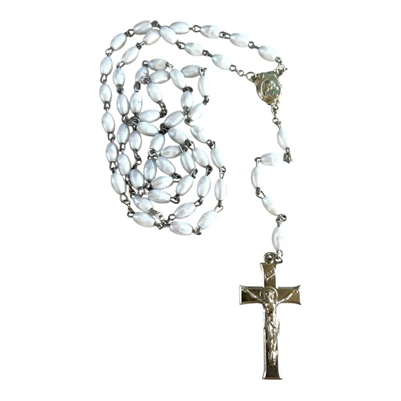 White Beaded Rosary with Silver Cross - Picture 4 of 4